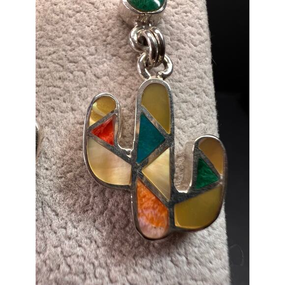 NEW Sterling Silver Peruvian Art Mosaic Cactus Earrings – Multi-Gemstone Inlay - Picture 8 of 12